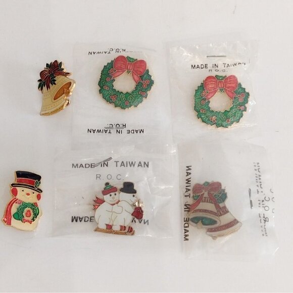 Vintage Lot Of 14 Christmas Pins R.O.C. Taiwan JJO Wreath Snowman Candle Drum - Picture 2 of 5